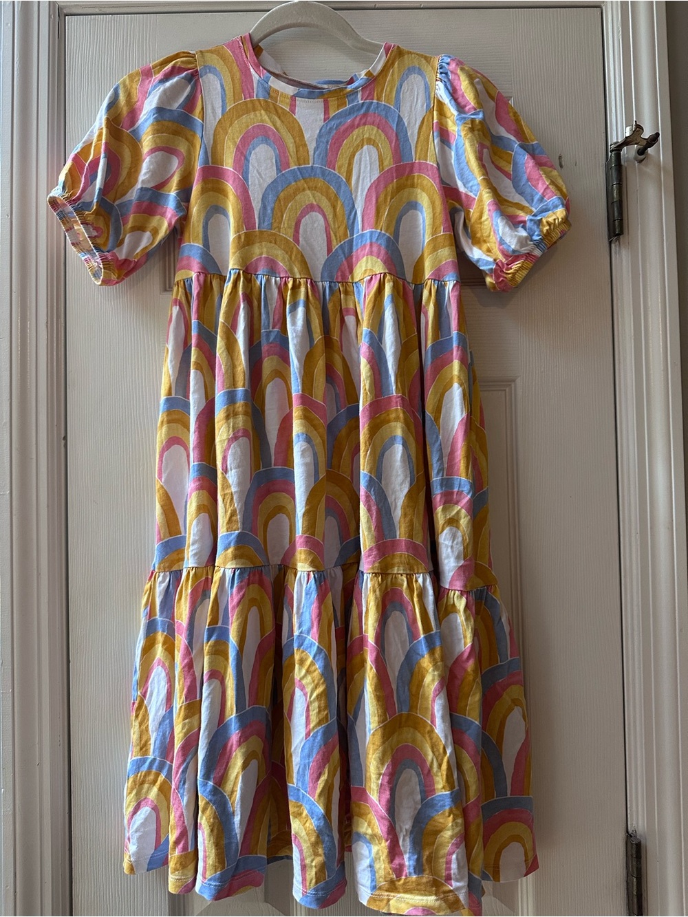 Tea Collection Rainbow Arch Tiered Puff-Sleeve Midi Dress - Yellow Pink Blue